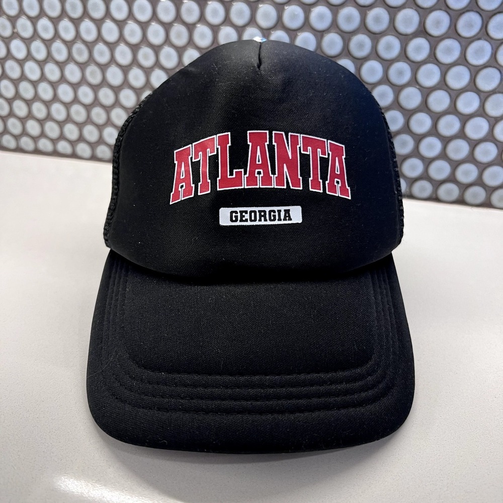 Atlanta Georgia Hat Cap Spellout Trucker Mesh Snap Back Black Font Red